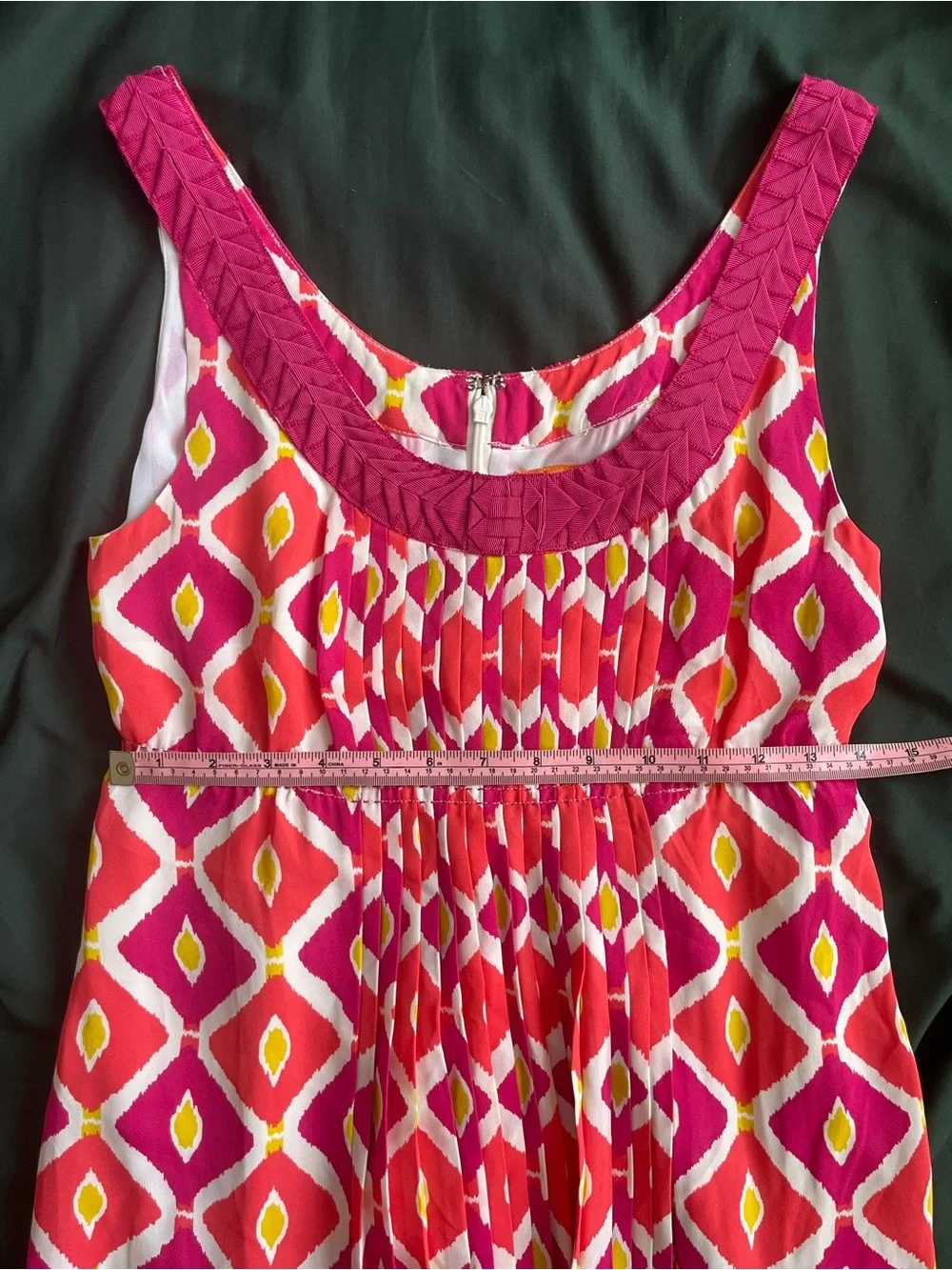 Tory Burch Summer Fuchsia-Red-White-Yellow Geometric Silk Dress with neck trim 4